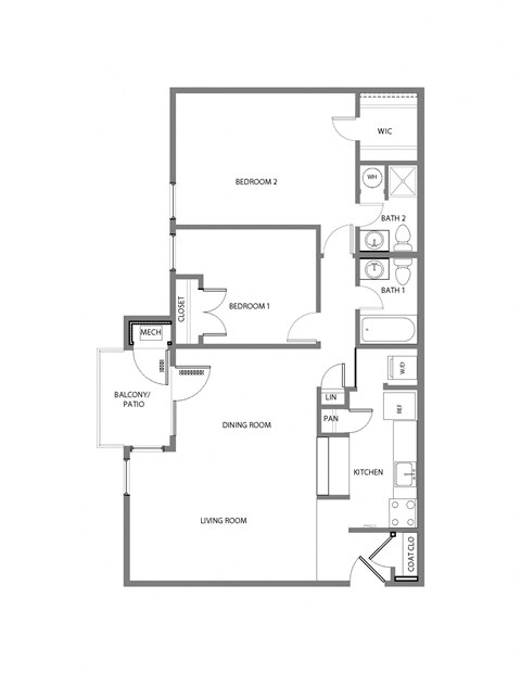 Floor plan for 2 beds, 2 baths, 919 sqft